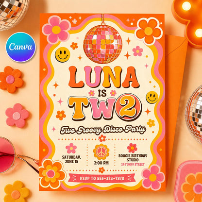 Groovy Disco Birthday Invitation, Two Sweet Invitation, 2nd Birthday Invitation, Girl Two Year Candy Invite, Editable Canva Template __etsy:8095063775