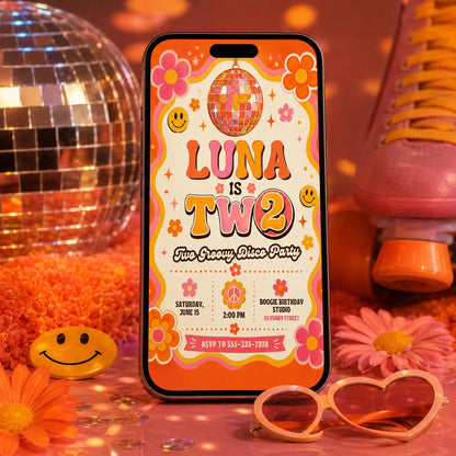 Groovy Disco Birthday Invitation, Two Sweet Invitation, 2nd Birthday Invitation, Girl Two Year Candy Invite, Editable Canva Template __etsy:8095063853