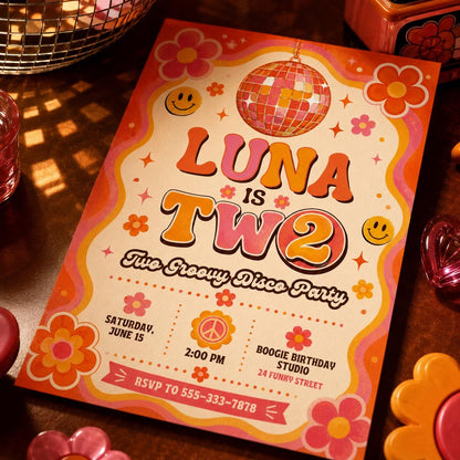 Groovy Disco Birthday Invitation, Two Sweet Invitation, 2nd Birthday Invitation, Girl Two Year Candy Invite, Editable Canva Template __etsy:8095063995