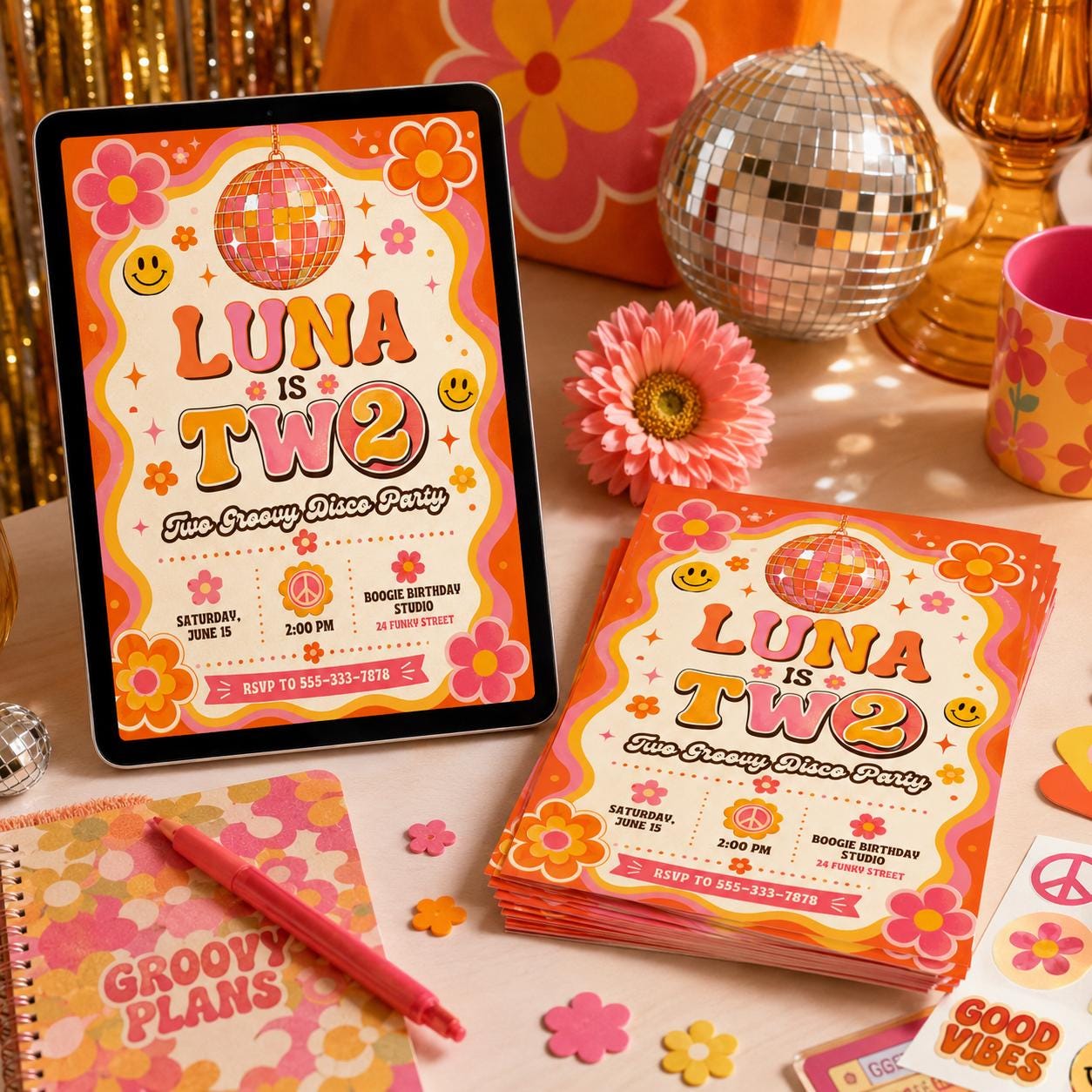 Groovy Disco Birthday Invitation, Two Sweet Invitation, 2nd Birthday Invitation, Girl Two Year Candy Invite, Editable Canva Template __etsy:8047156292