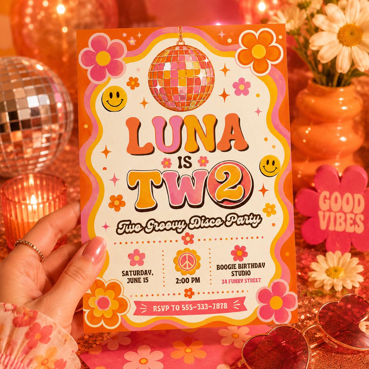 Groovy Disco Birthday Invitation, Two Sweet Invitation, 2nd Birthday Invitation, Girl Two Year Candy Invite, Editable Canva Template __etsy:8095064641