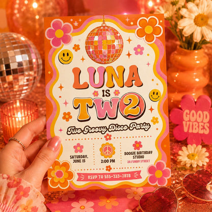 Groovy Disco Birthday Invitation, Two Sweet Invitation, 2nd Birthday Invitation, Girl Two Year Candy Invite, Editable Canva Template __etsy:8095064641