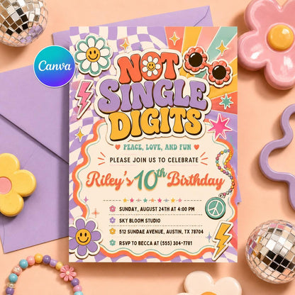 Groovy 10th Birthday Invitation, Retro Groovy 10th Birthday, Editable  10th Party invite Out of single digits Birthday, Canva Template __etsy:8104036167