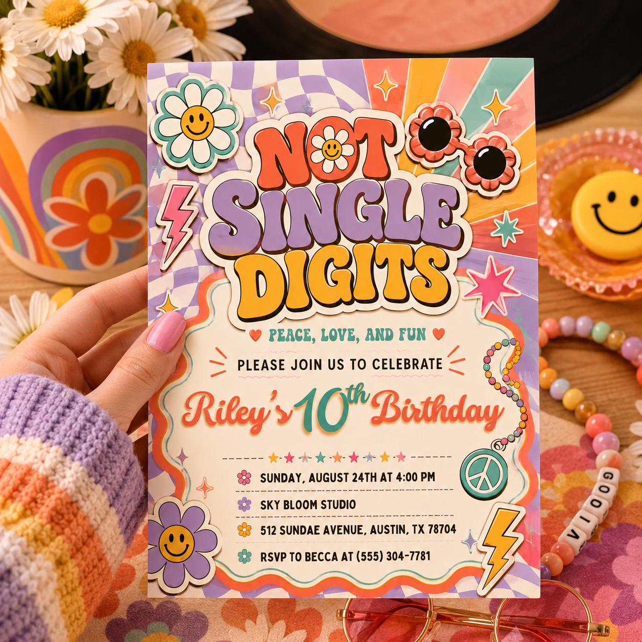 Groovy 10th Birthday Invitation, Retro Groovy 10th Birthday, Editable  10th Party invite Out of single digits Birthday, Canva Template __etsy:8104036165