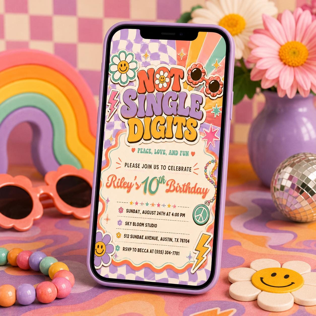Groovy 10th Birthday Invitation, Retro Groovy 10th Birthday, Editable  10th Party invite Out of single digits Birthday, Canva Template __etsy:8104036187