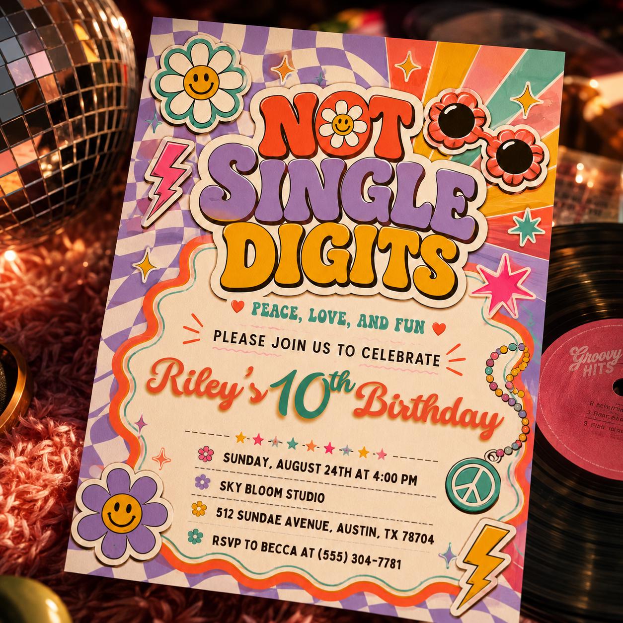 Groovy 10th Birthday Invitation, Retro Groovy 10th Birthday, Editable  10th Party invite Out of single digits Birthday, Canva Template __etsy:8056124420
