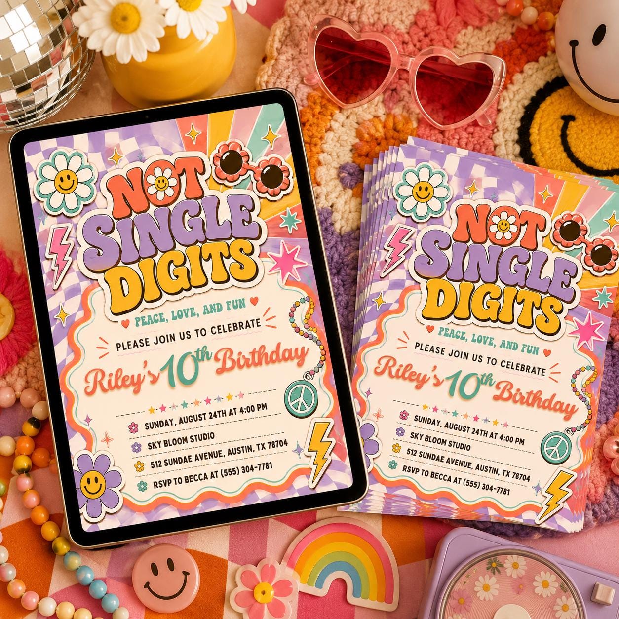 Groovy 10th Birthday Invitation, Retro Groovy 10th Birthday, Editable  10th Party invite Out of single digits Birthday, Canva Template __etsy:8104036189