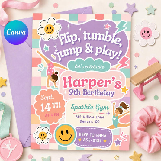 Gymnastics Birthday Invitation Template, ANY AGE, Daisy Birthday Invite, Retro Rainbow, Girl Birthday Gym Party, Canva Invitation Template __etsy:8035894993