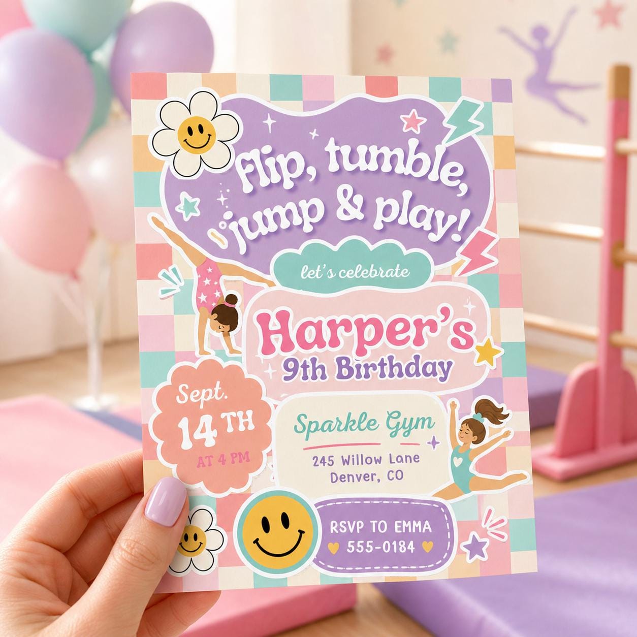 Gymnastics Birthday Invitation Template, ANY AGE, Daisy Birthday Invite, Retro Rainbow, Girl Birthday Gym Party, Canva Invitation Template __etsy:7985912258