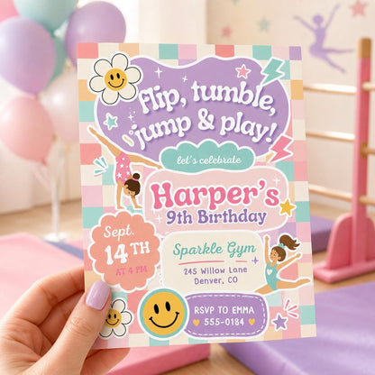 Gymnastics Birthday Invitation Template, ANY AGE, Daisy Birthday Invite, Retro Rainbow, Girl Birthday Gym Party, Canva Invitation Template __etsy:7985912258