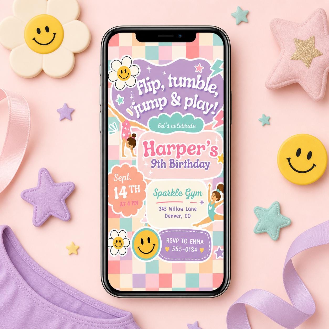 Gymnastics Birthday Invitation Template, ANY AGE, Daisy Birthday Invite, Retro Rainbow, Girl Birthday Gym Party, Canva Invitation Template __etsy:8033853161
