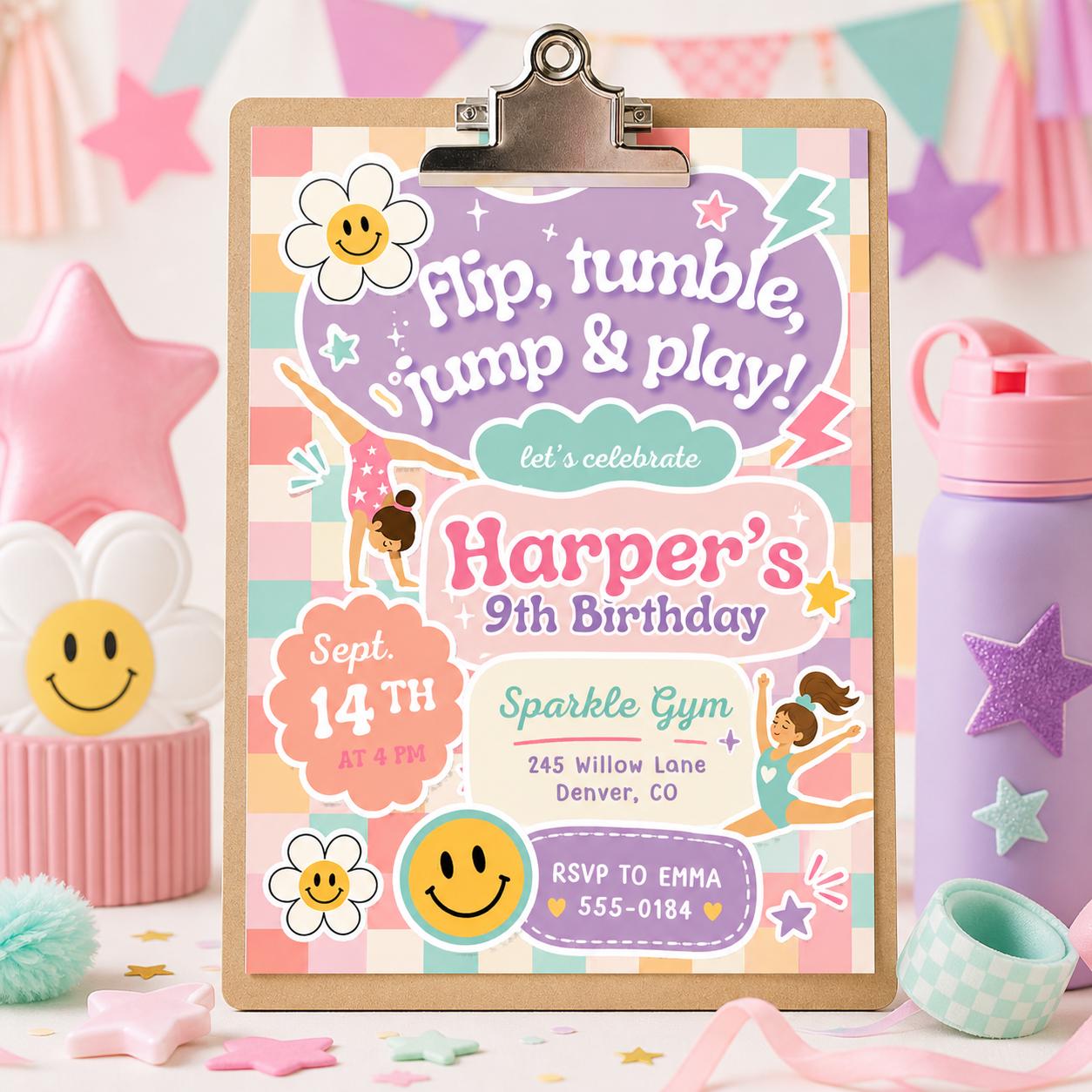 Gymnastics Birthday Invitation Template, ANY AGE, Daisy Birthday Invite, Retro Rainbow, Girl Birthday Gym Party, Canva Invitation Template __etsy:8033853149