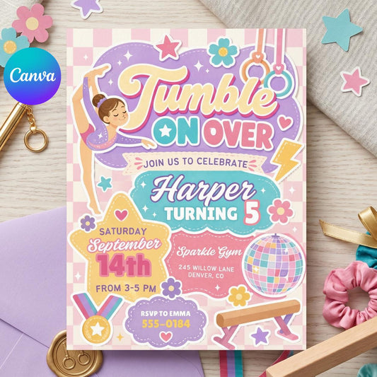 Gymnastics Birthday Invitation Template, Sweet girl tumble Party Invite, Retro Rainbow, Girl Birthday Gym Party, Editable Canva Template __etsy:7987945152