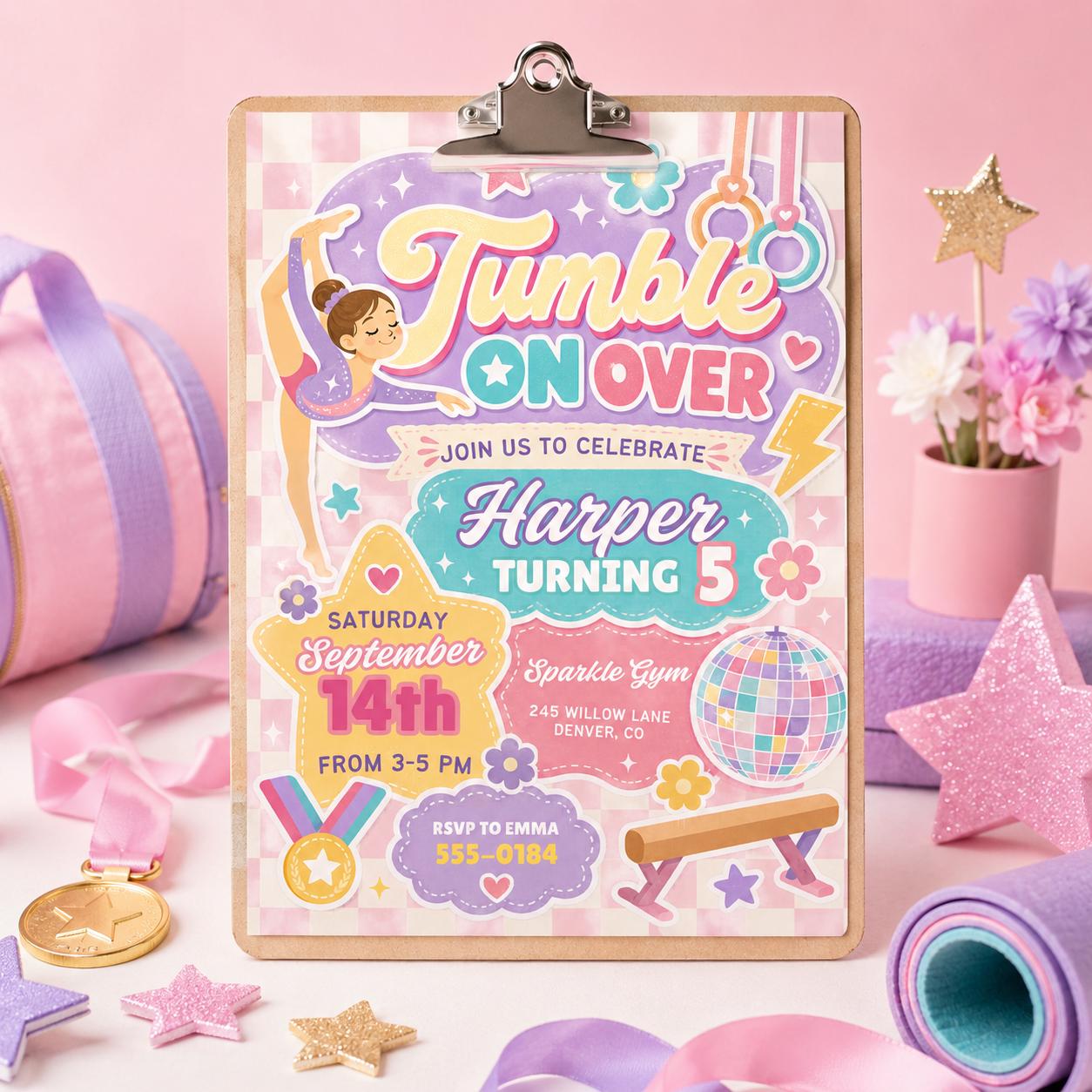 Gymnastics Birthday Invitation Template, Sweet girl tumble Party Invite, Retro Rainbow, Girl Birthday Gym Party, Editable Canva Template __etsy:8035850177