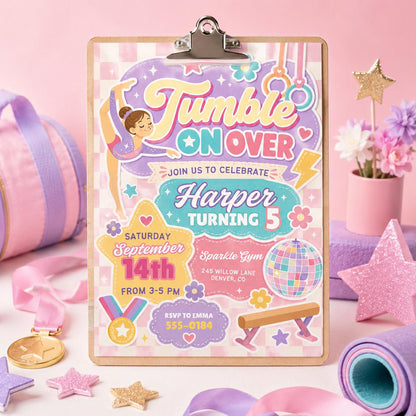 Gymnastics Birthday Invitation Template, Sweet girl tumble Party Invite, Retro Rainbow, Girl Birthday Gym Party, Editable Canva Template __etsy:8035850177