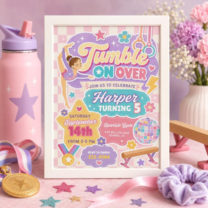 Gymnastics Birthday Invitation Template, Sweet girl tumble Party Invite, Retro Rainbow, Girl Birthday Gym Party, Editable Canva Template __etsy:8035850261