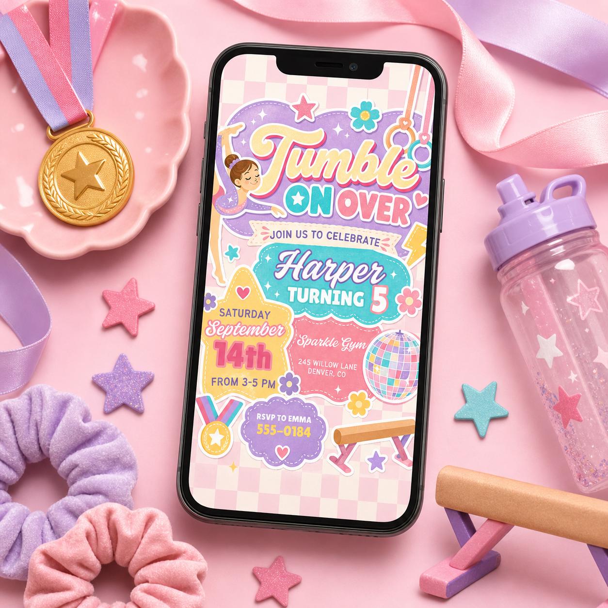 Gymnastics Birthday Invitation Template, Sweet girl tumble Party Invite, Retro Rainbow, Girl Birthday Gym Party, Editable Canva Template __etsy:7987910256
