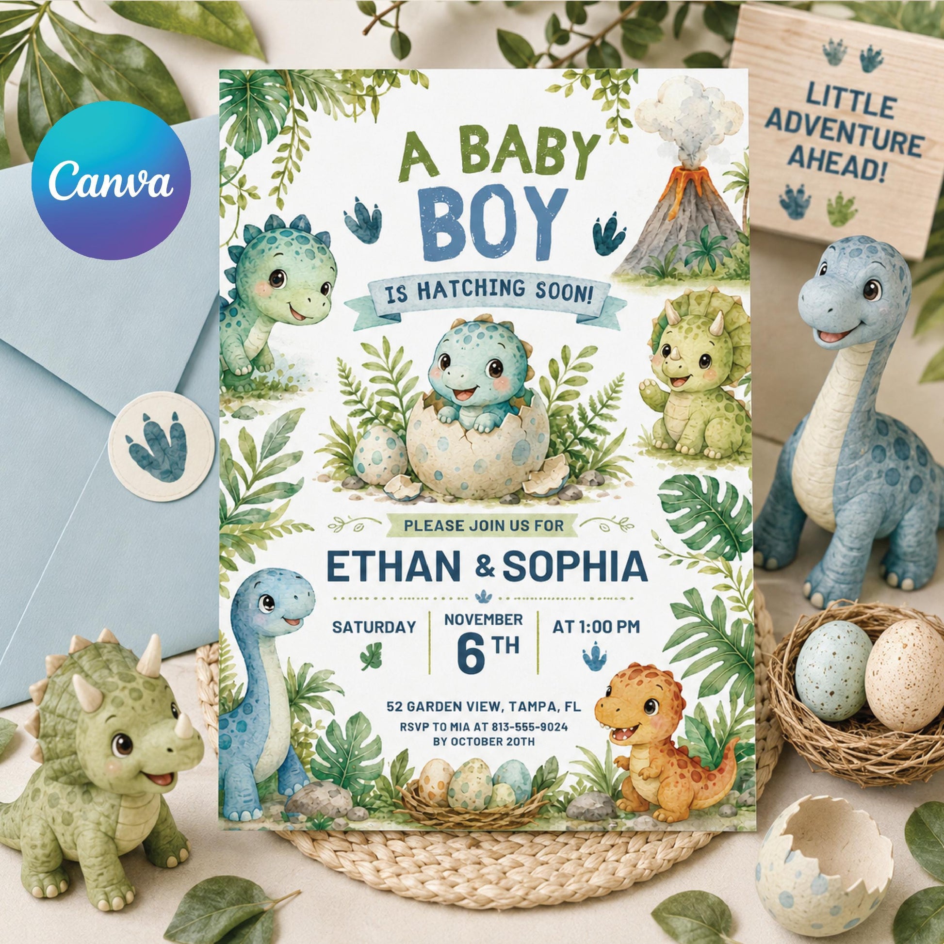 Hatching Soon Baby Shower Invitation,Editable Baby Dino Boy Invite,Dinosaur Egg Couples Template, Editable Canva Template __etsy:8019141156
