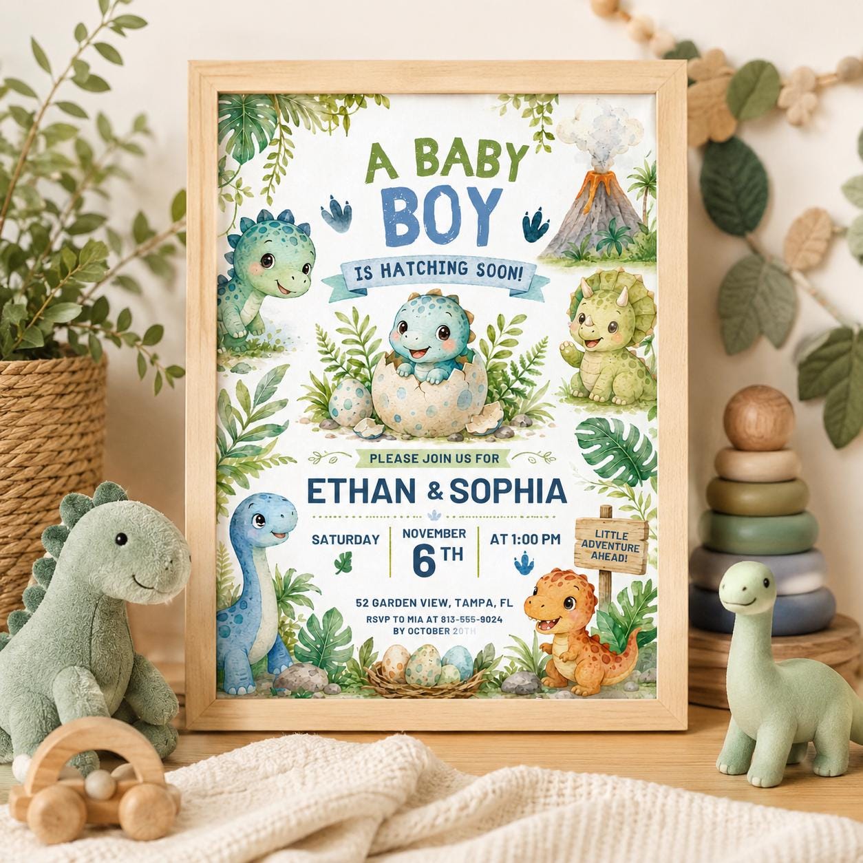 Hatching Soon Baby Shower Invitation,Editable Baby Dino Boy Invite,Dinosaur Egg Couples Template, Editable Canva Template __etsy:8067054153