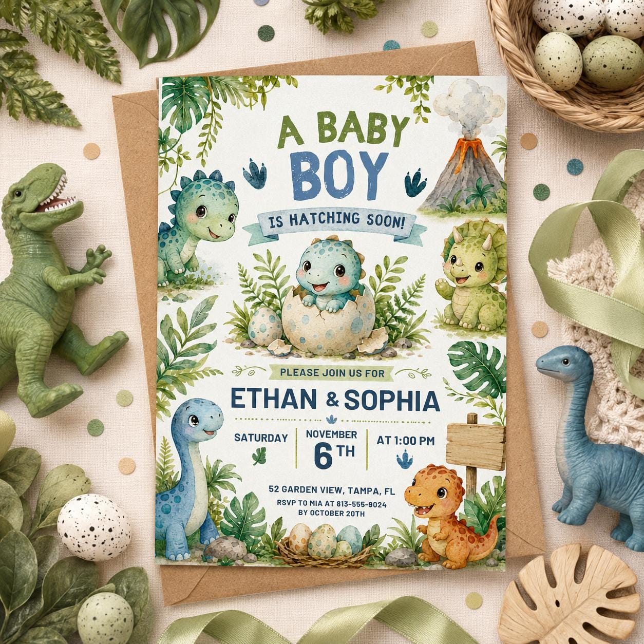 Hatching Soon Baby Shower Invitation,Editable Baby Dino Boy Invite,Dinosaur Egg Couples Template, Editable Canva Template __etsy:8019136316
