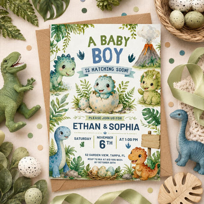 Hatching Soon Baby Shower Invitation,Editable Baby Dino Boy Invite,Dinosaur Egg Couples Template, Editable Canva Template __etsy:8019136316