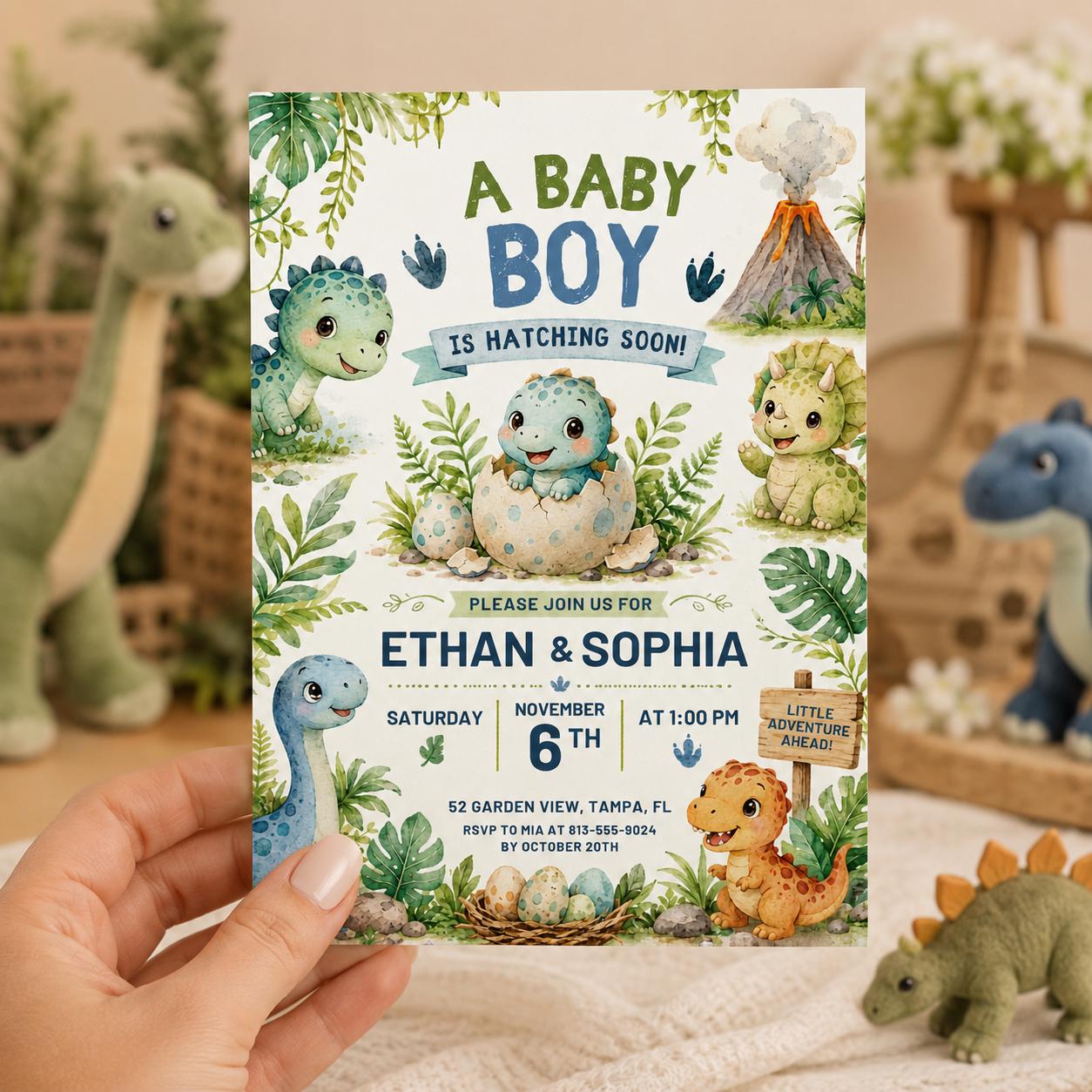 Hatching Soon Baby Shower Invitation,Editable Baby Dino Boy Invite,Dinosaur Egg Couples Template, Editable Canva Template __etsy:8067054179
