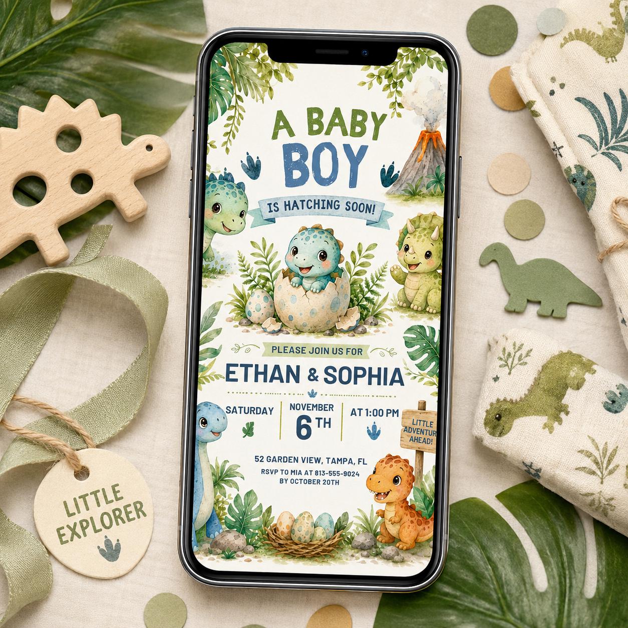 Hatching Soon Baby Shower Invitation,Editable Baby Dino Boy Invite,Dinosaur Egg Couples Template, Editable Canva Template __etsy:8067054323