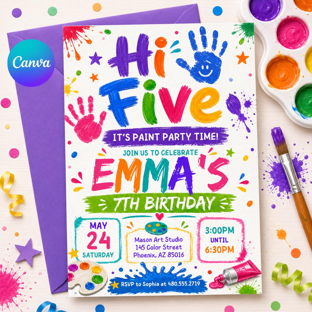 Hi Five 5th Birthday Invitation Template: Editable Digital Evite (5x7 in, Digital Download) __etsy:8039651075