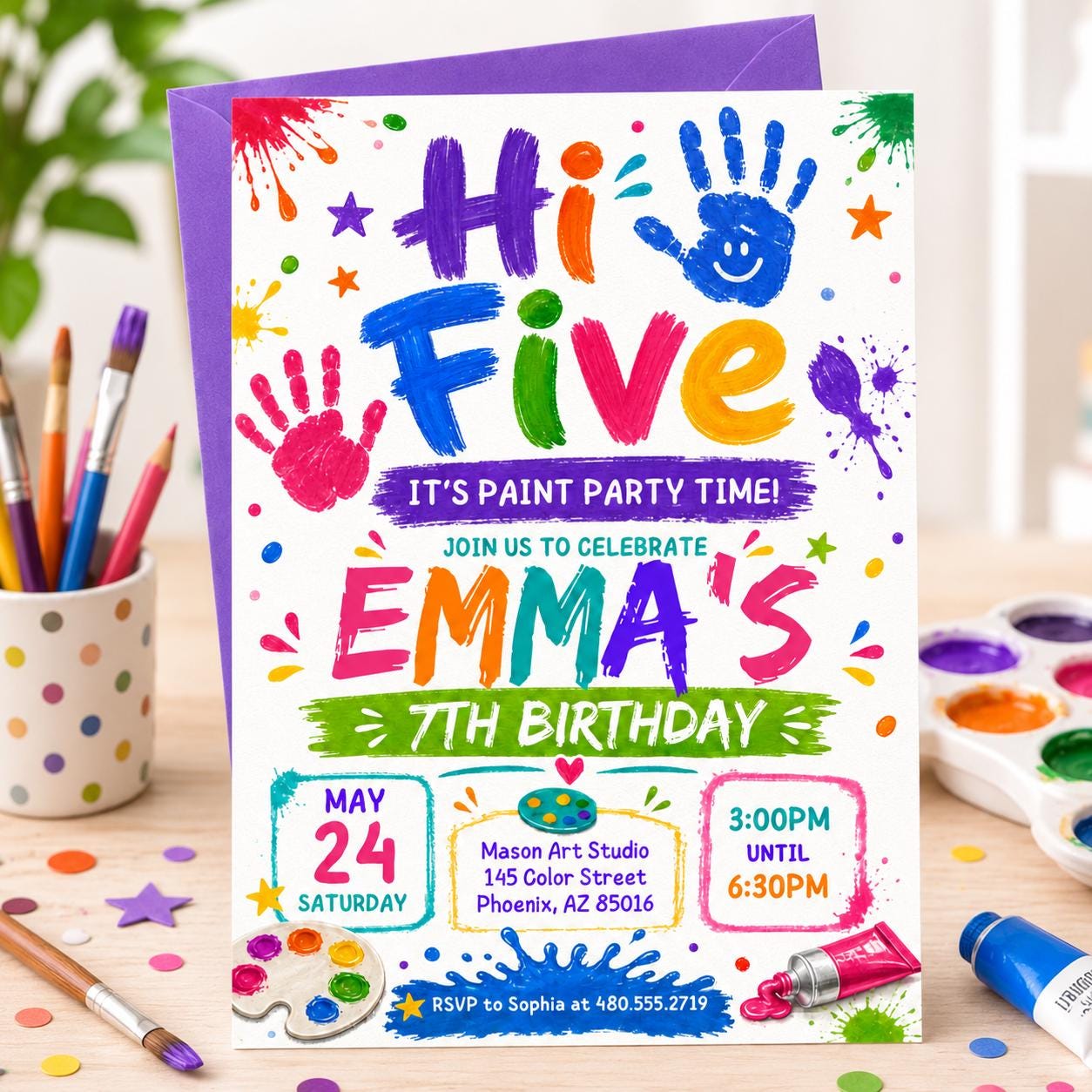 Hi Five 5th Birthday Invitation Template: Editable Digital Evite (5x7 in, Digital Download) __etsy:8039650797