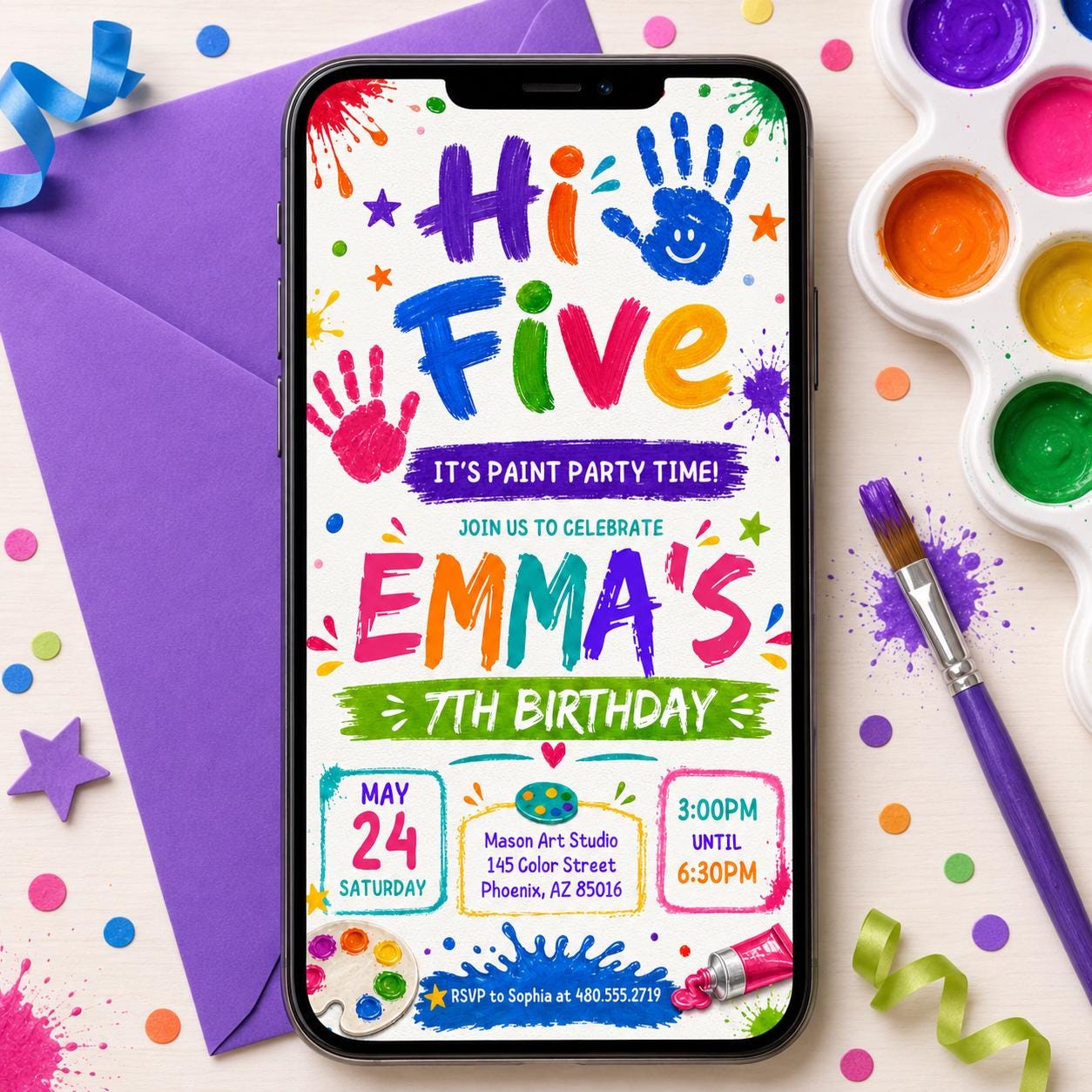 Hi Five 5th Birthday Invitation Template: Editable Digital Evite (5x7 in, Digital Download) __etsy:7991712484