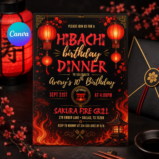 Hibachi Birthday Dinner Invitation, Hibachi Night Party Invite, Sushi Birthday, Editable Canva, Asian Cherry Blossoms, Japanese Asian Themed __etsy:8056914949