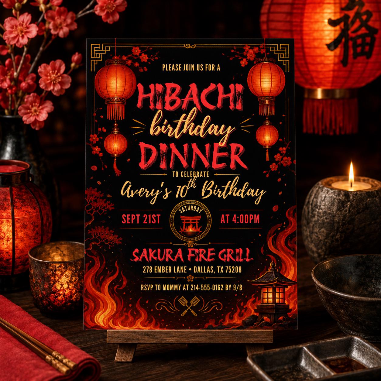 Hibachi Birthday Dinner Invitation, Hibachi Night Party Invite, Sushi Birthday, Editable Canva, Asian Cherry Blossoms, Japanese Asian Themed __etsy:8056911797