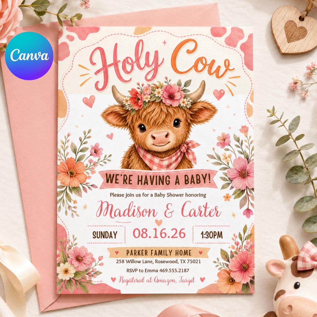 Highland Cow Baby Shower Invitation: Editable Canva Template (Digital Download) __etsy:7991725604