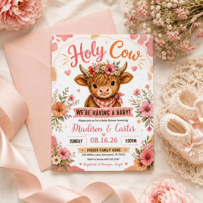 Highland Cow Baby Shower Invitation: Editable Canva Template (Digital Download) __etsy:8039663651