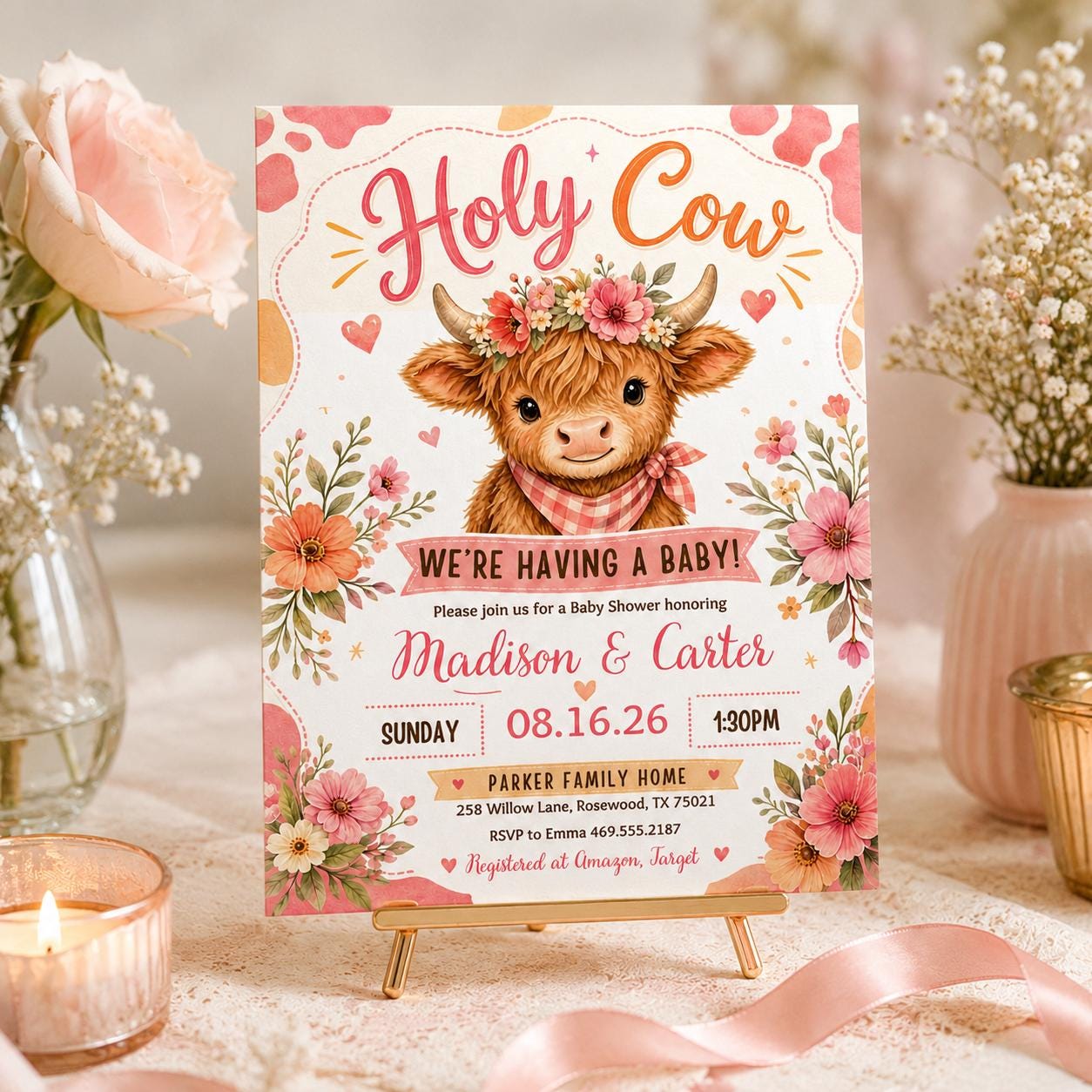 Highland Cow Baby Shower Invitation: Editable Canva Template (Digital Download) __etsy:8039663571