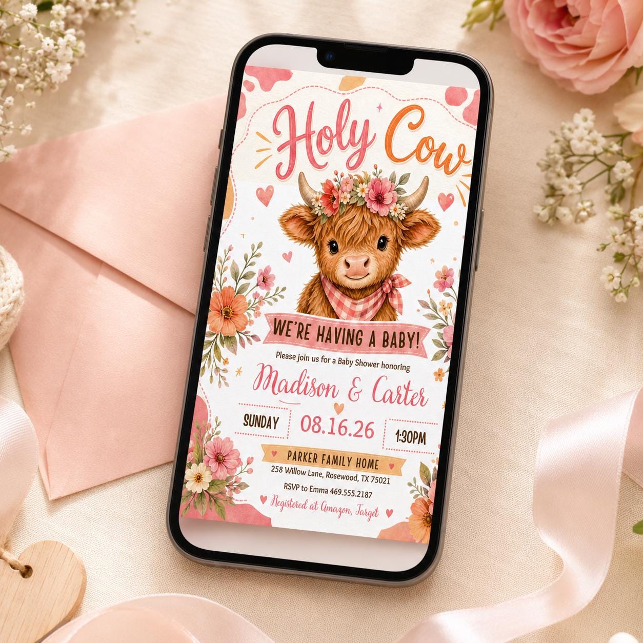 Highland Cow Baby Shower Invitation: Editable Canva Template (Digital Download) __etsy:7991725372