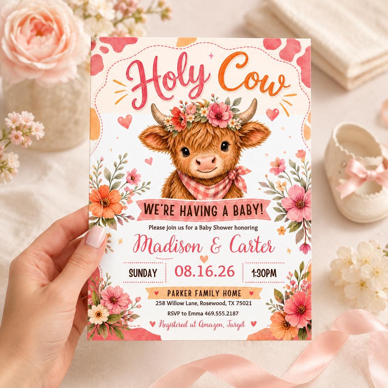 Highland Cow Baby Shower Invitation: Editable Canva Template (Digital Download) __etsy:7991725366