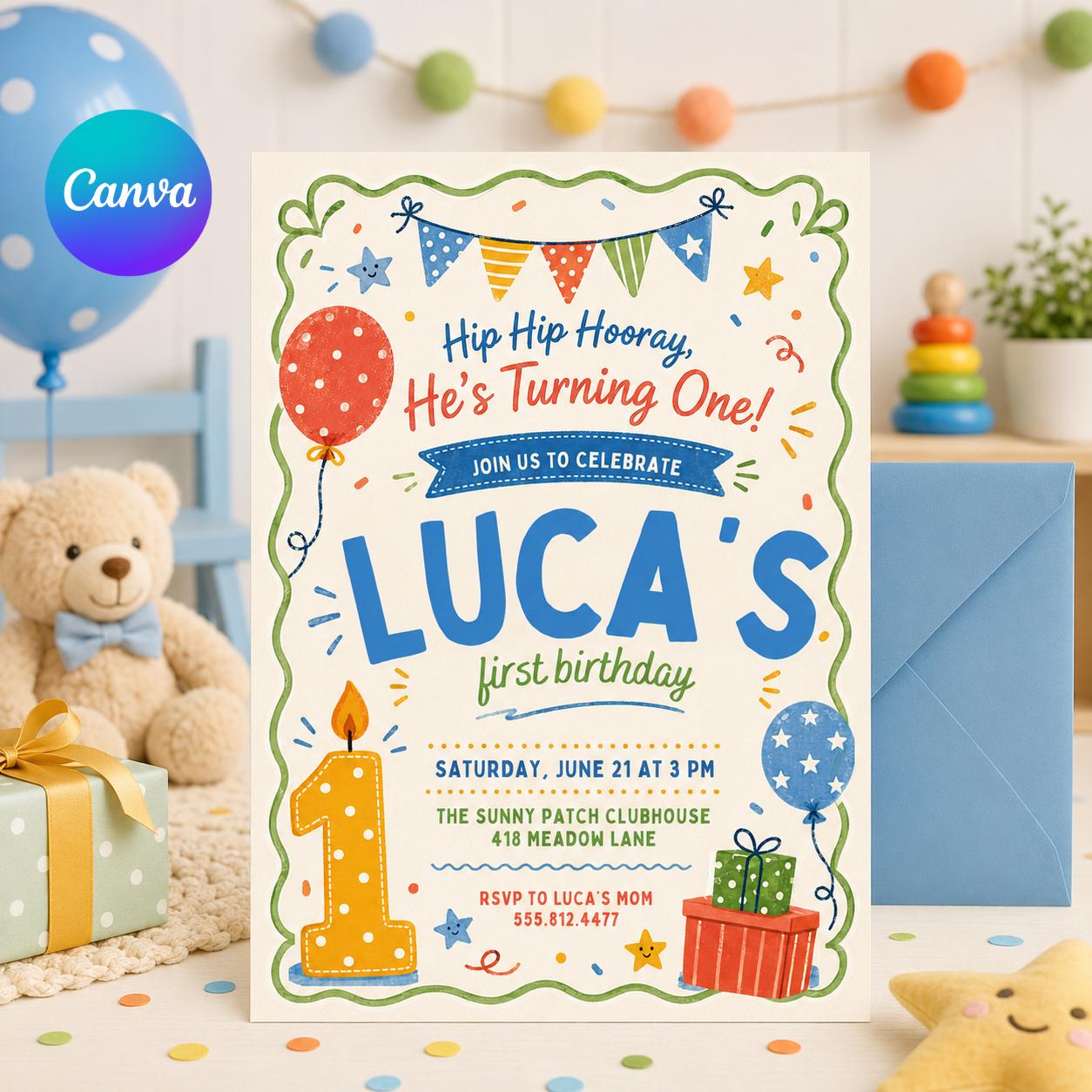 Hip Hip Hooray Kids Birthday Invitation, Rainbow Party Invite, Colorful Birthday Printable, First Birthday Invitation, Canva Template __etsy:8000806356