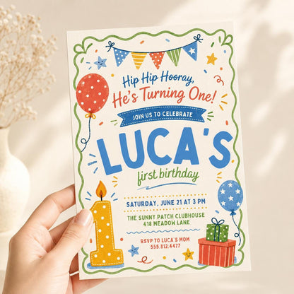 Hip Hip Hooray Kids Birthday Invitation, Rainbow Party Invite, Colorful Birthday Printable, First Birthday Invitation, Canva Template __etsy:7999321040