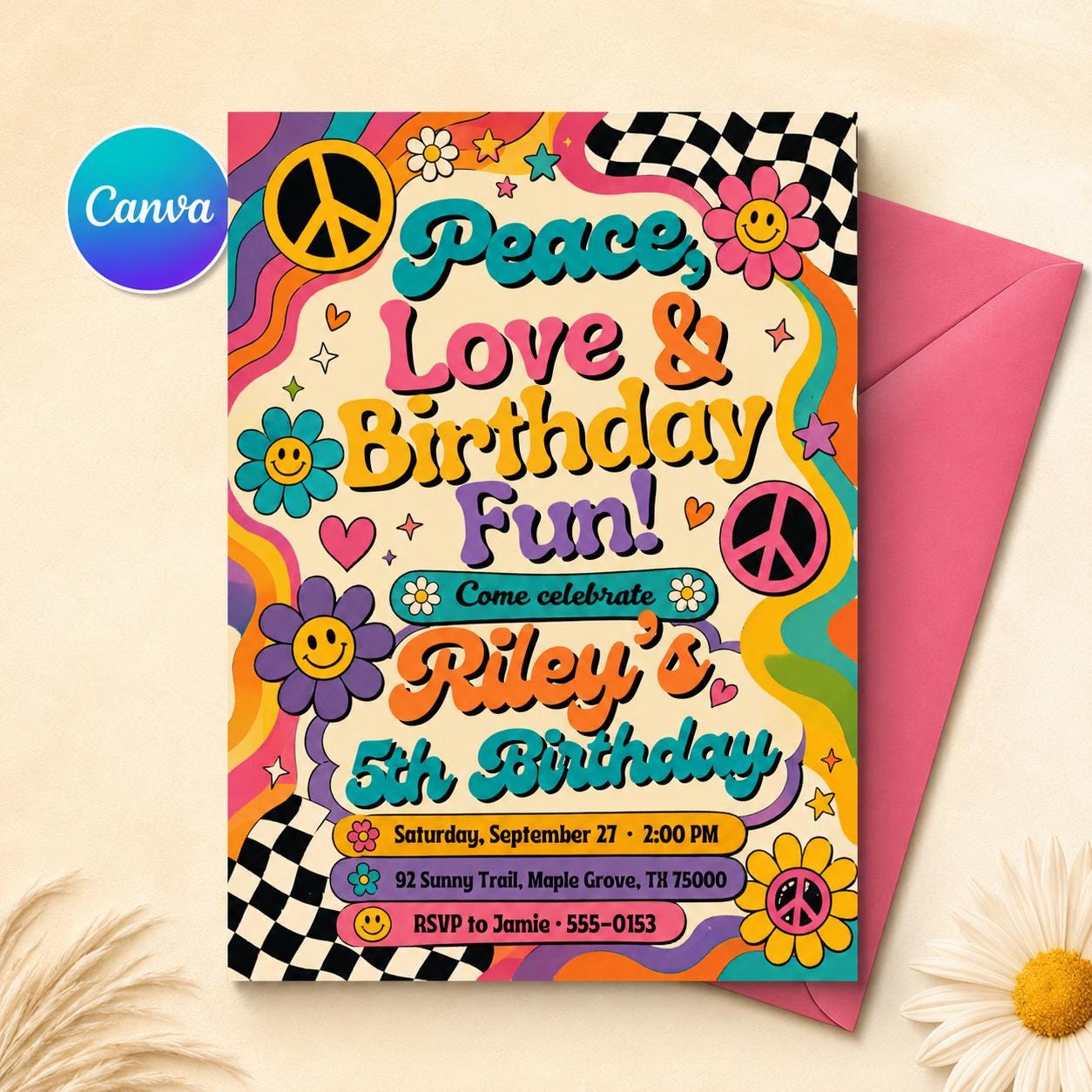 Hippie Boho Birthday Invitation, Peace Love Groovy Retro Invite,  Editable Daisy Flower Birthday, Peace Birthday, Canva Template __etsy:8116088909