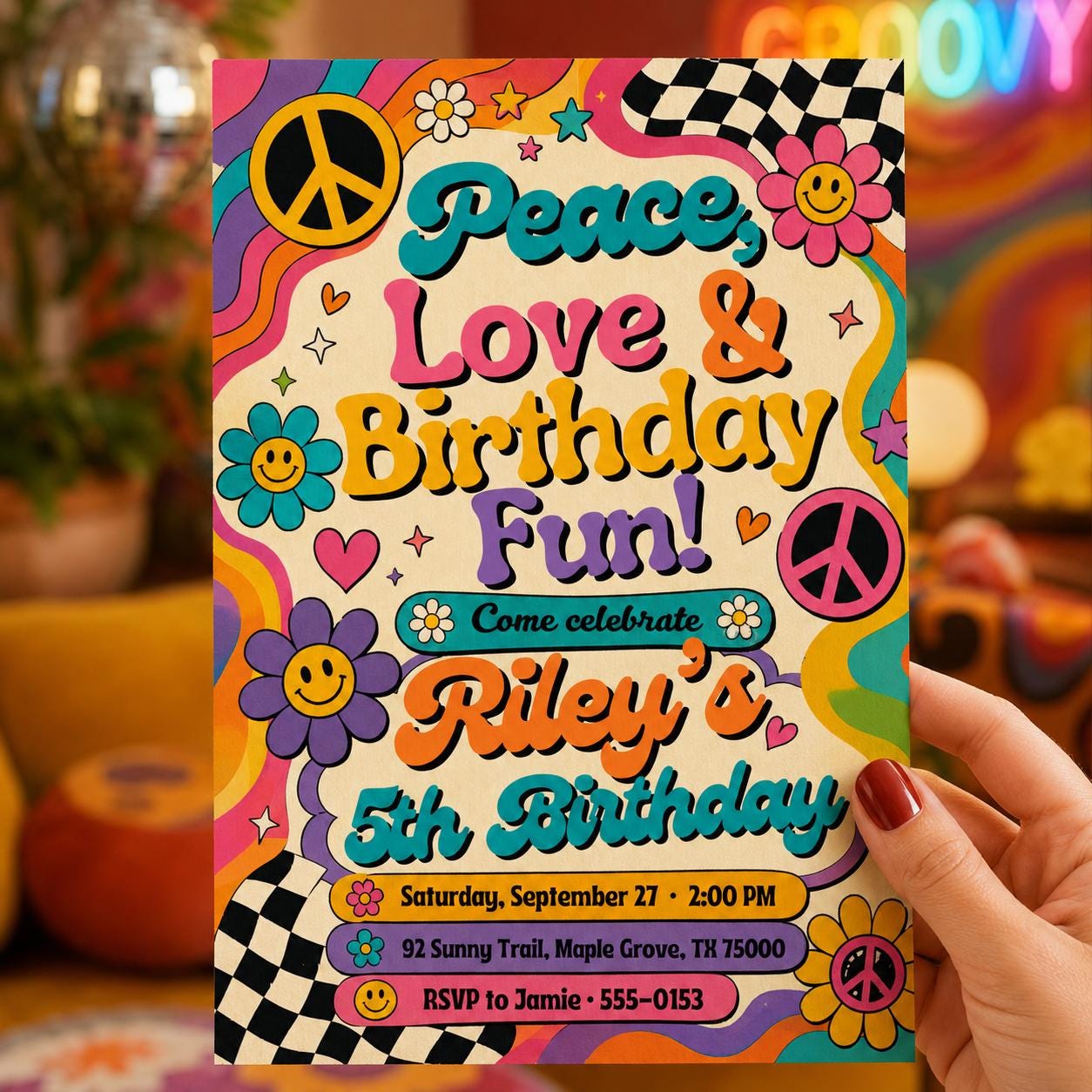 Hippie Boho Birthday Invitation, Peace Love Groovy Retro Invite,  Editable Daisy Flower Birthday, Peace Birthday, Canva Template __etsy:8068168042