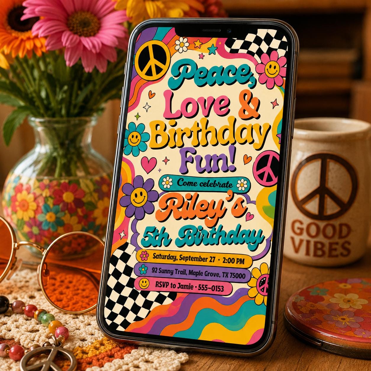 Hippie Boho Birthday Invitation, Peace Love Groovy Retro Invite,  Editable Daisy Flower Birthday, Peace Birthday, Canva Template __etsy:8116088789