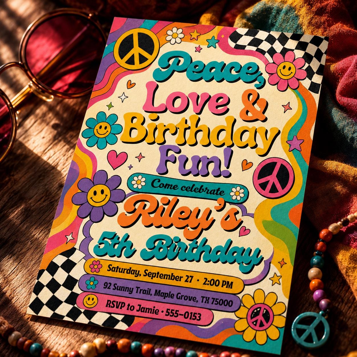 Hippie Boho Birthday Invitation, Peace Love Groovy Retro Invite,  Editable Daisy Flower Birthday, Peace Birthday, Canva Template __etsy:8116088927