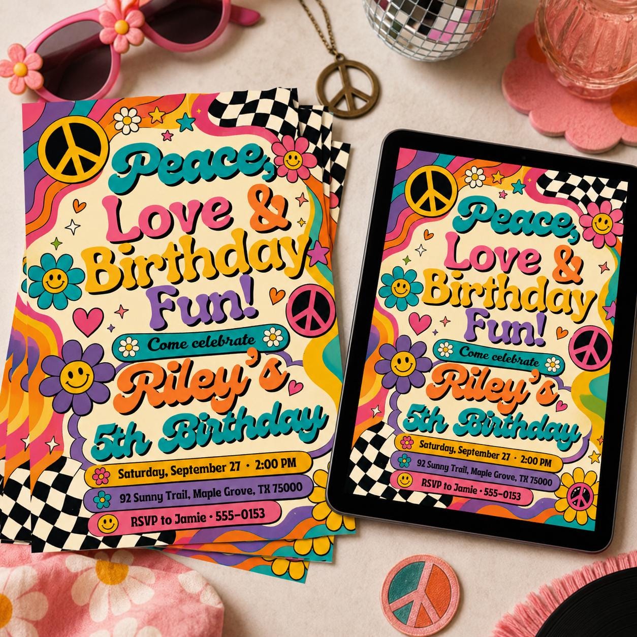 Hippie Boho Birthday Invitation, Peace Love Groovy Retro Invite,  Editable Daisy Flower Birthday, Peace Birthday, Canva Template __etsy:8116088901