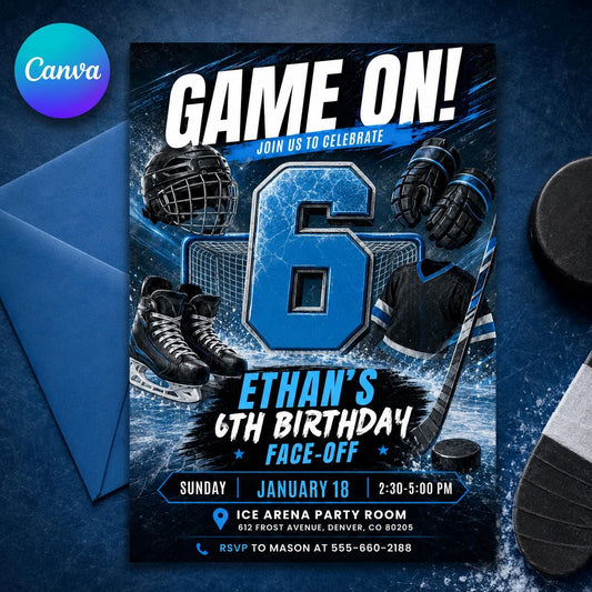 Hockey Birthday Invitatio,: Editable Game On Face-Off Template, its Game Time Hockey Stadium Party Invite Boy, Editable Neon Hockey Canva __etsy:8115720155