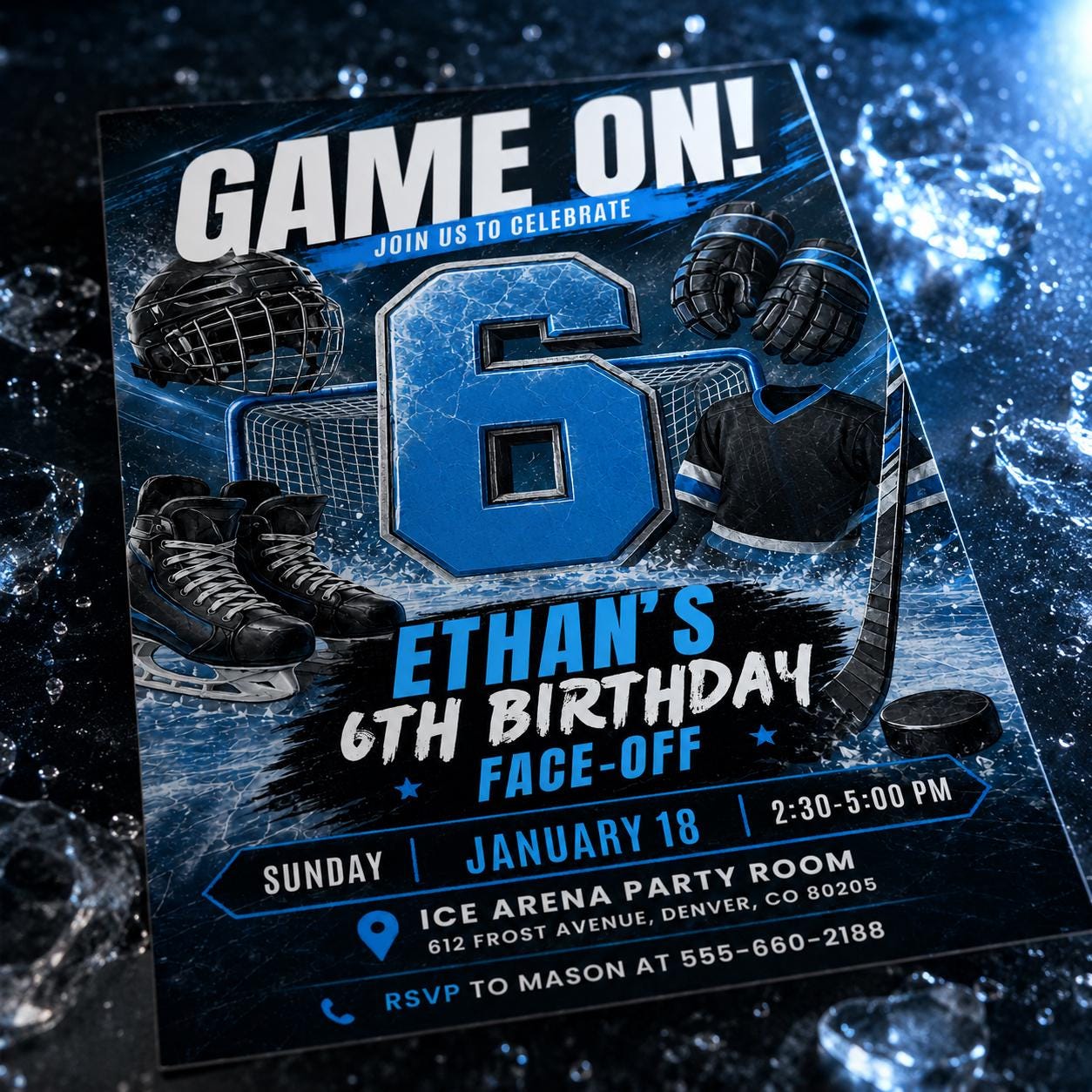 Hockey Birthday Invitatio,: Editable Game On Face-Off Template, its Game Time Hockey Stadium Party Invite Boy, Editable Neon Hockey Canva __etsy:8067800014