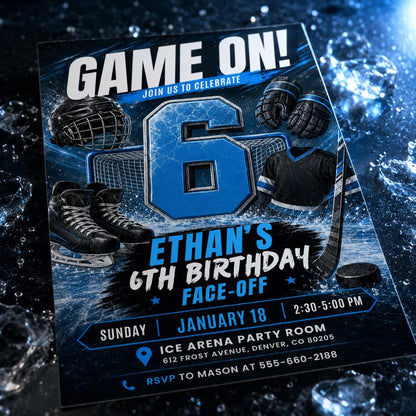 Hockey Birthday Invitatio,: Editable Game On Face-Off Template, its Game Time Hockey Stadium Party Invite Boy, Editable Neon Hockey Canva __etsy:8067800014