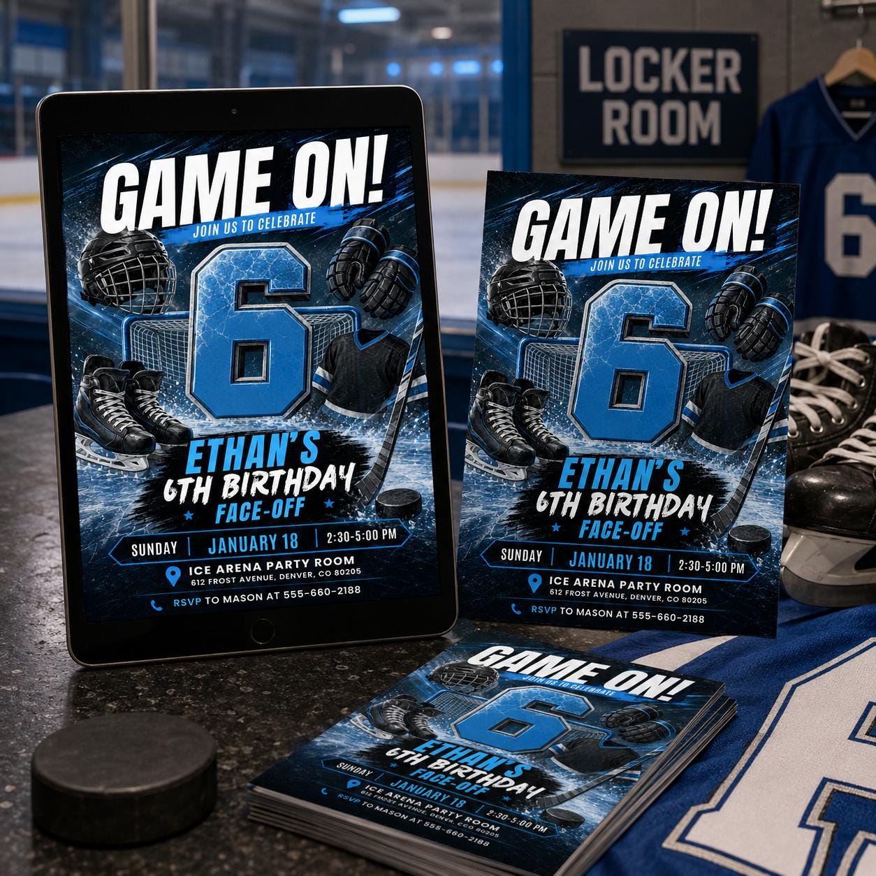Hockey Birthday Invitatio,: Editable Game On Face-Off Template, its Game Time Hockey Stadium Party Invite Boy, Editable Neon Hockey Canva __etsy:8115720149