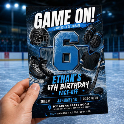 Hockey Birthday Invitatio,: Editable Game On Face-Off Template, its Game Time Hockey Stadium Party Invite Boy, Editable Neon Hockey Canva __etsy:8115720169