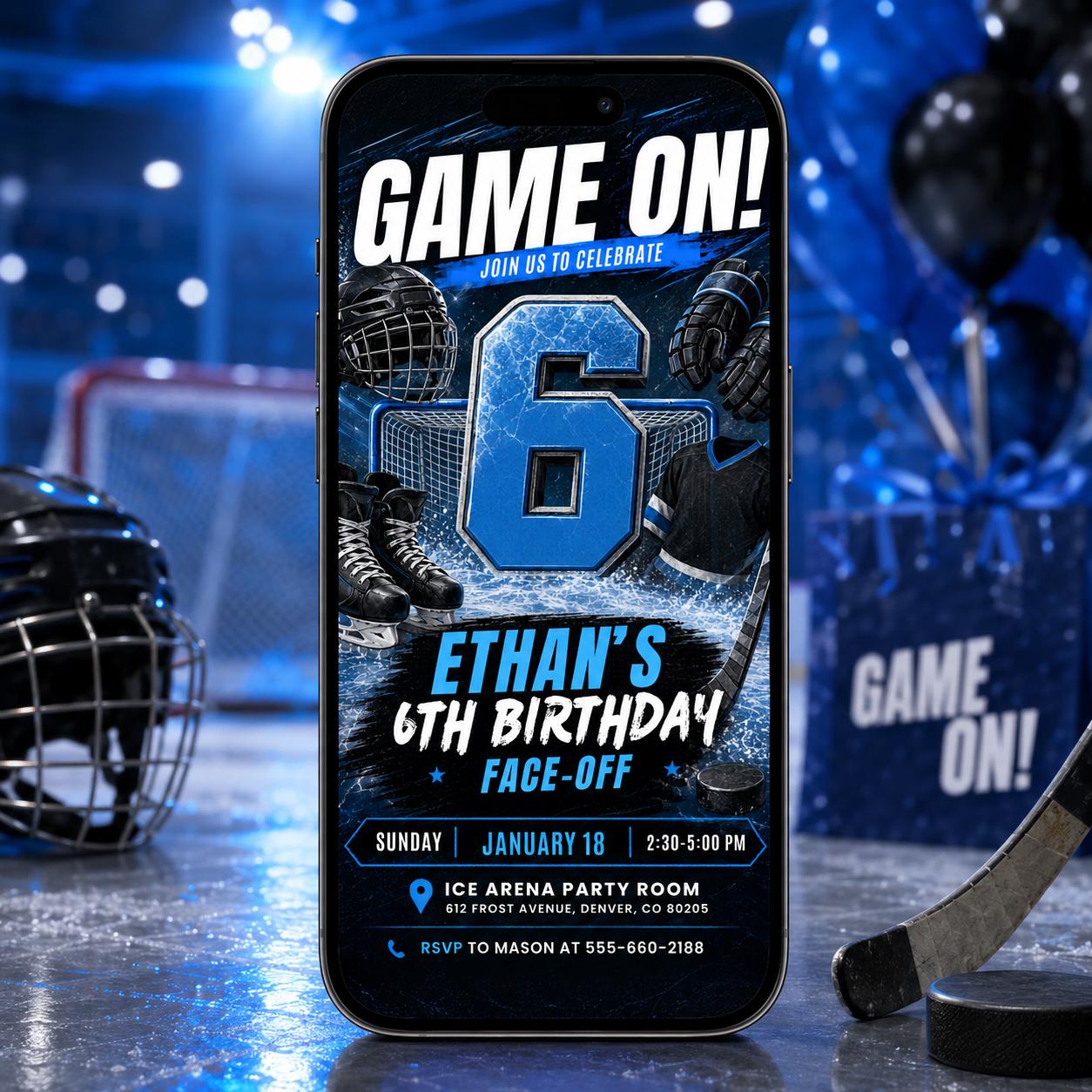 Hockey Birthday Invitatio,: Editable Game On Face-Off Template, its Game Time Hockey Stadium Party Invite Boy, Editable Neon Hockey Canva __etsy:8115720171